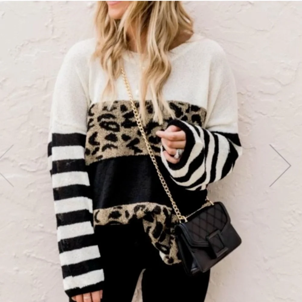 Pink Lily x Living My Best Style Animal Cat Print Pullover Sweater Size S - Picture 1 of 5